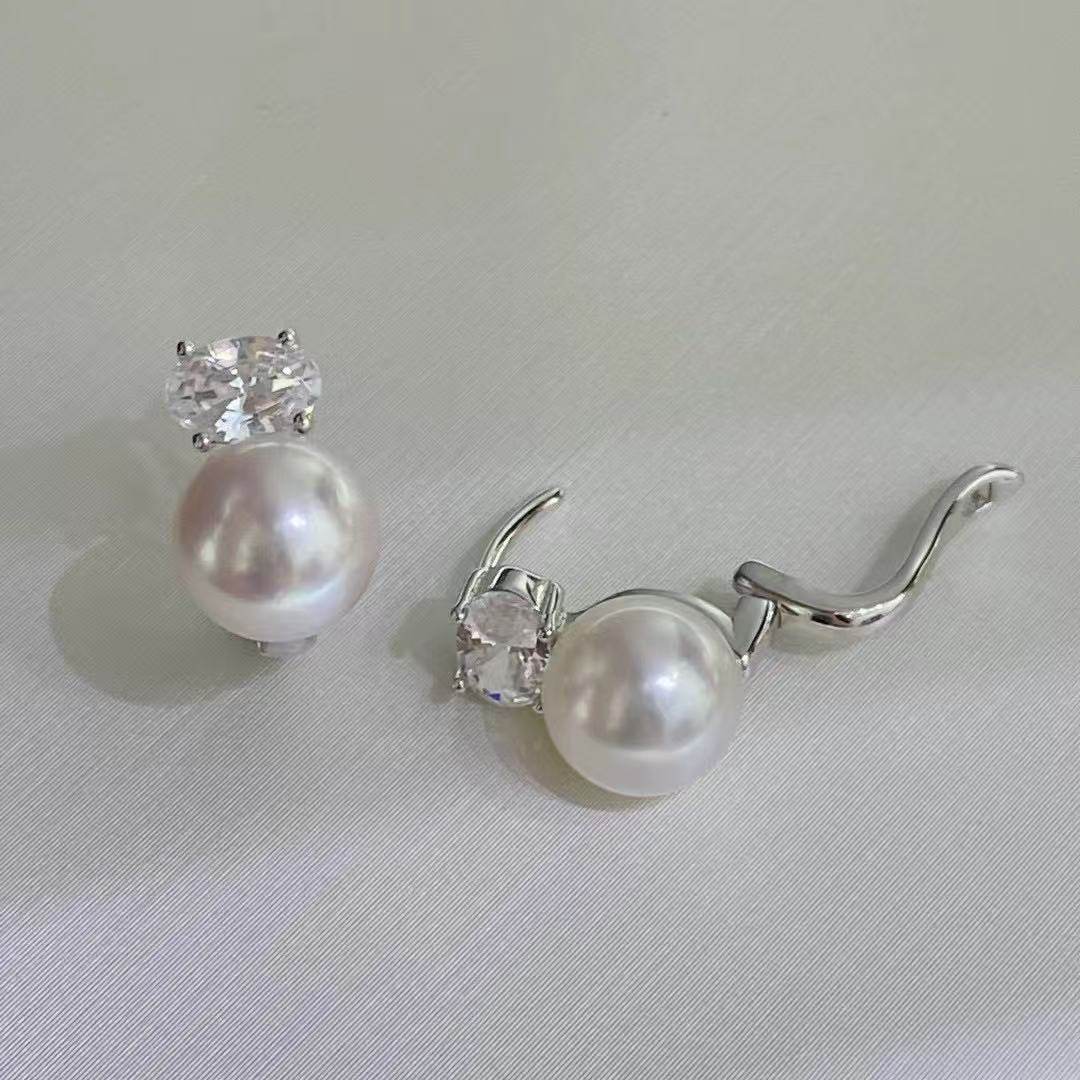 Akoya Pearl Stud Earrings Sterling Silver - 세련된 디자인의 새로운 타원형 지르콘 AAA8-9mm