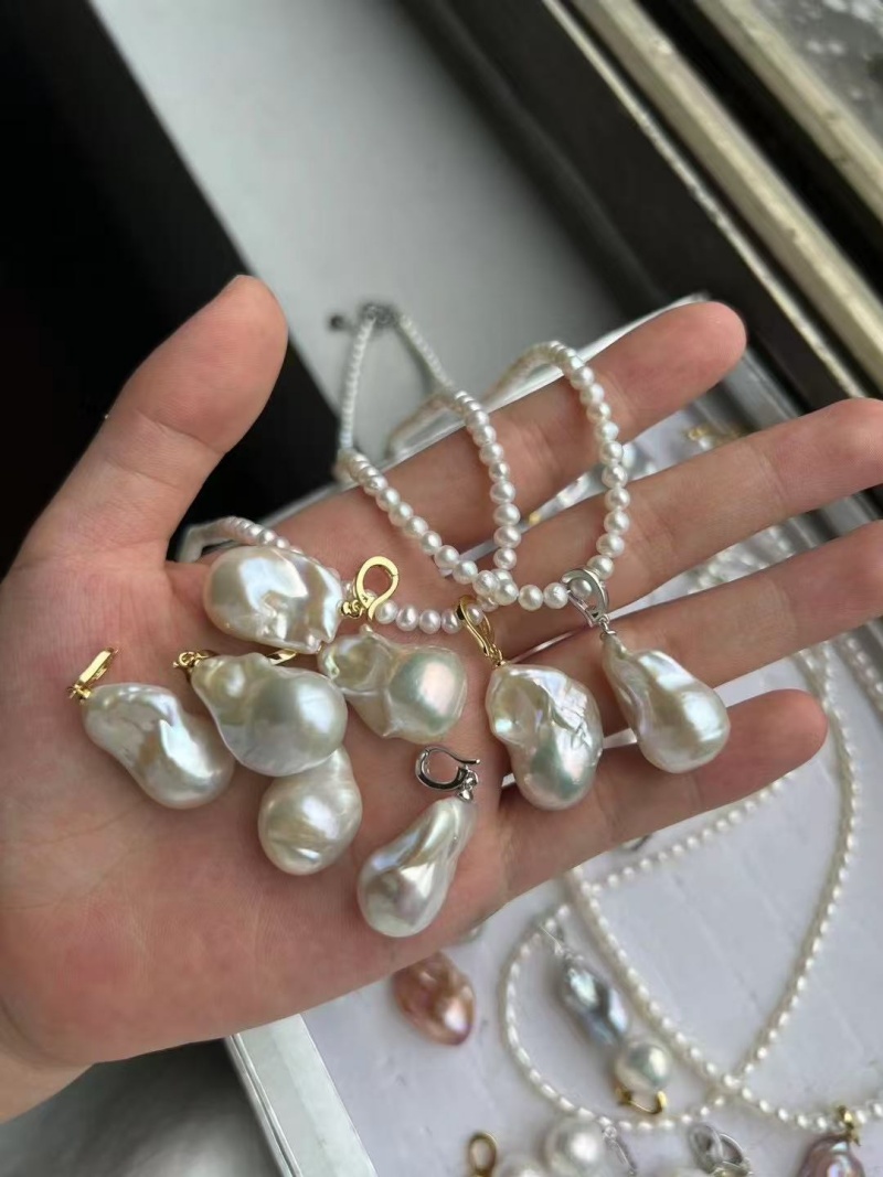Silver Bead Clasps For Pearl Necklace - 100% 천연 담수 대형 바로크 수제