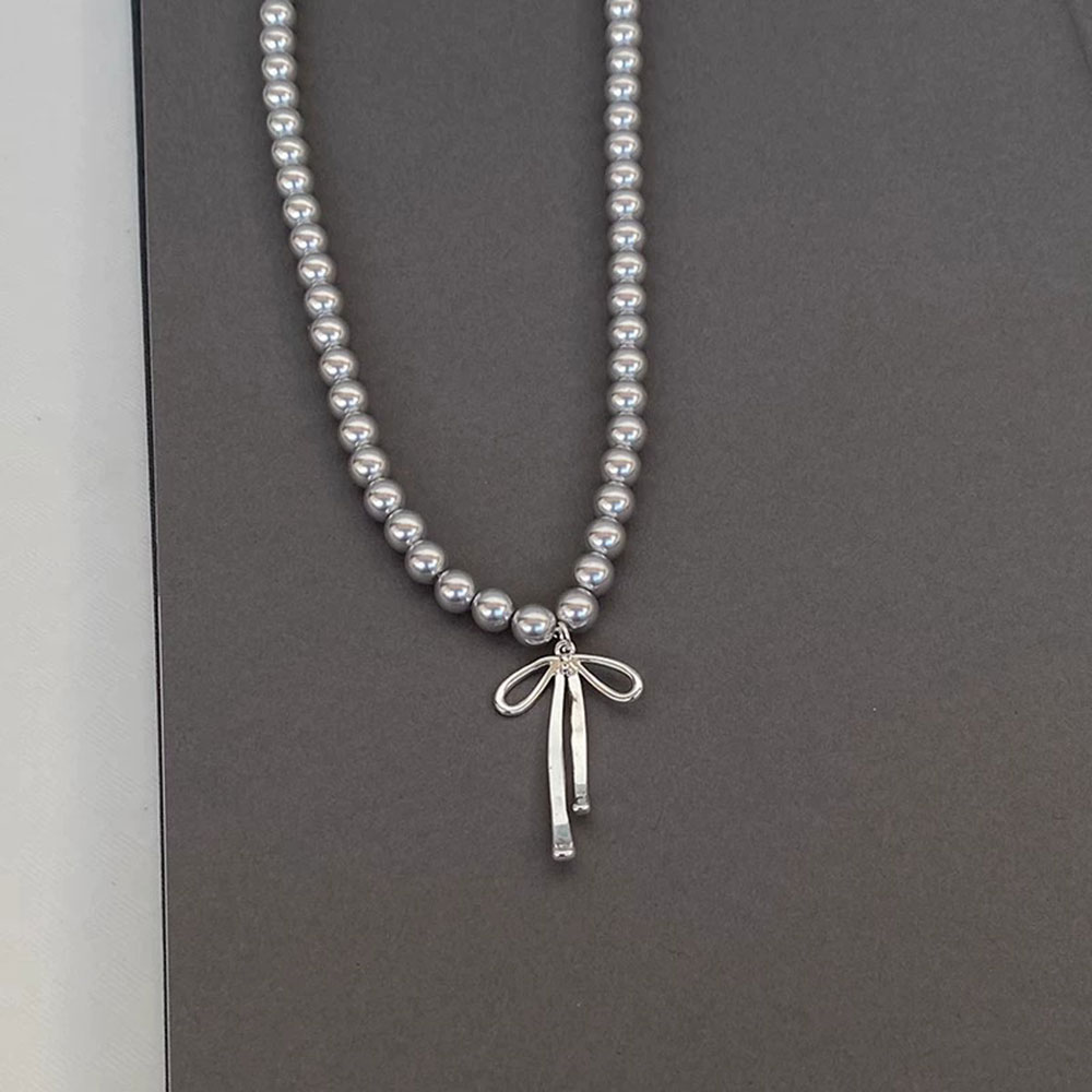 Silver Bead Clasps For Pearl Necklace - 그레이 모조 진주 Bowknot 펜던트 목걸이