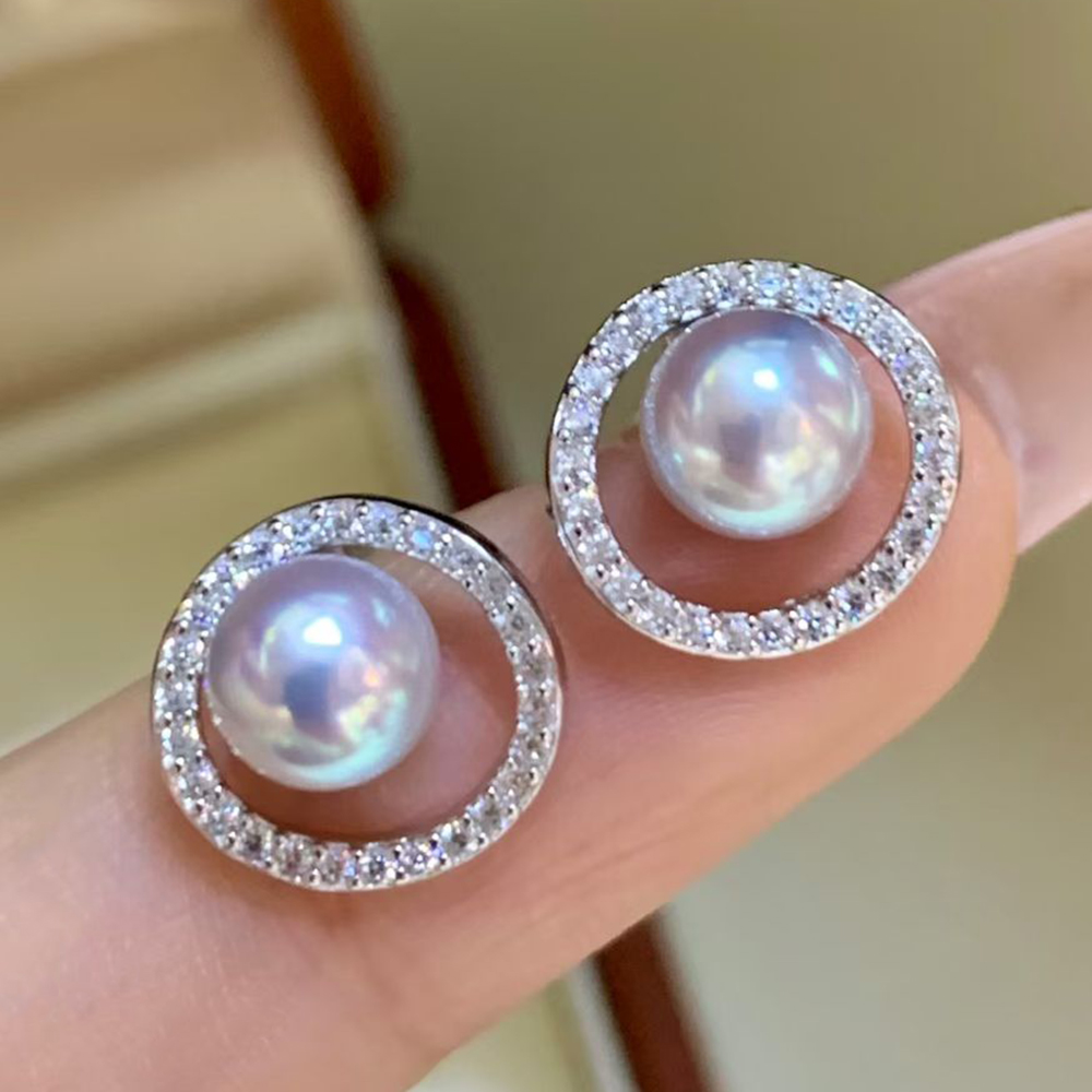 Akoya Pearl Stud Earrings Sterling Silver - 5-6mm 실버 블루 천연 일본 아코야