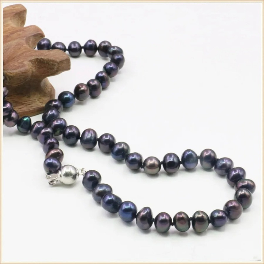 Silver Bead Clasps For Pearl Necklace - 7-8mm 블랙 천연 담수 진주 목걸이