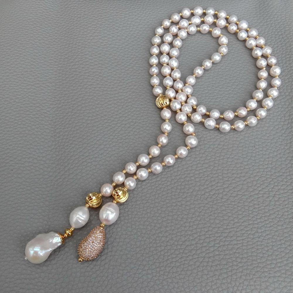 Freshwater Cultured Pearl Necklace 8-9Mm - KKGEM 15x22mm 화이트 케시 진주 CZ