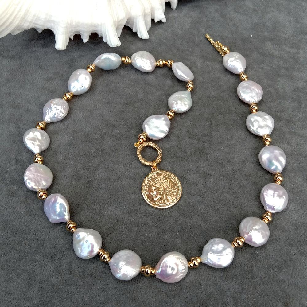 YYGEM 14x17mm 천연 담수 화이트 코인 진주  - Baroque Pearl Pendant Necklace Gold 리뷰 및 가격