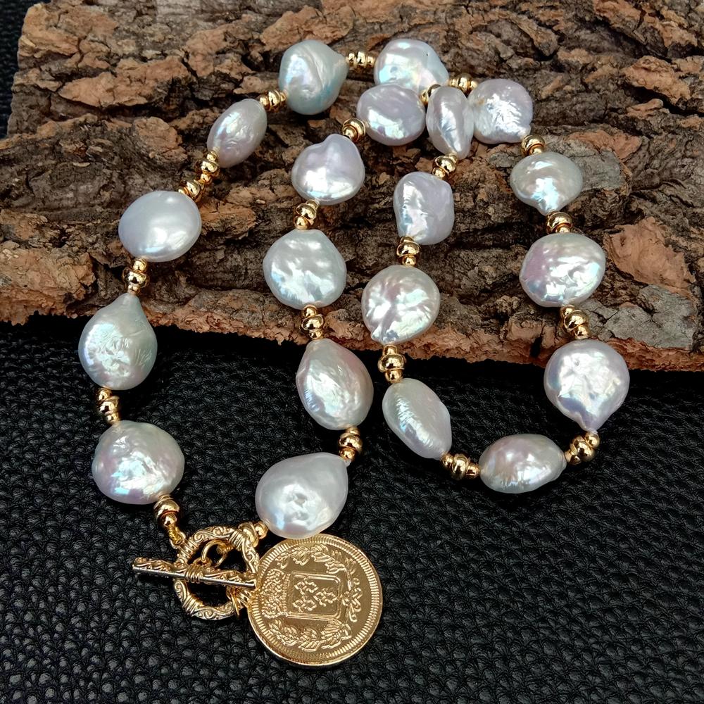 YYGEM 14x17mm 천연 담수 화이트 코인 진주  - Baroque Pearl Pendant Necklace Gold 리뷰 및 가격