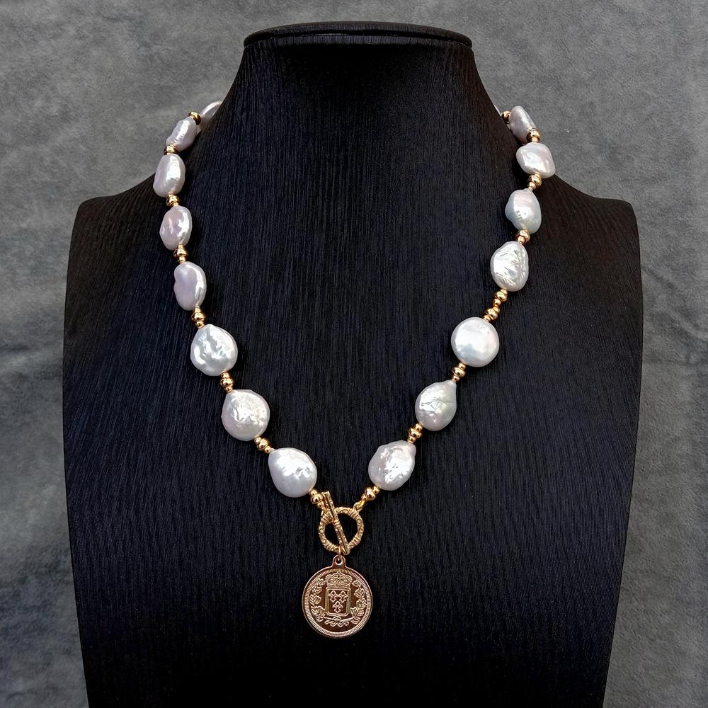 YYGEM 14x17mm 천연 담수 화이트 코인 진주  - Baroque Pearl Pendant Necklace Gold 리뷰 및 가격