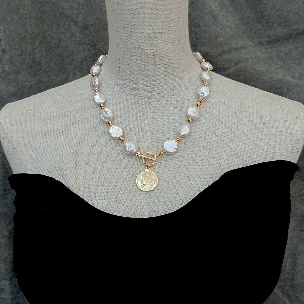 YYGEM 14x17mm 천연 담수 화이트 코인 진주  - Baroque Pearl Pendant Necklace Gold 리뷰 및 가격