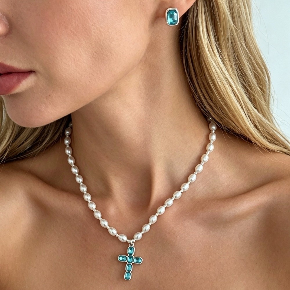 패션 크로스 펜던트, 진주 비즈, 블루 크리스탈 크로스 - Silver Bead Clasps For Pearl Necklace 리뷰 및 가격